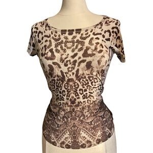 Y2K Short Sleeve Scoop Neck Animal Print Tee - Brown/Cream